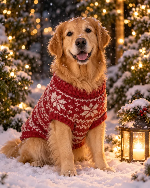 Pet in snow with a lantern