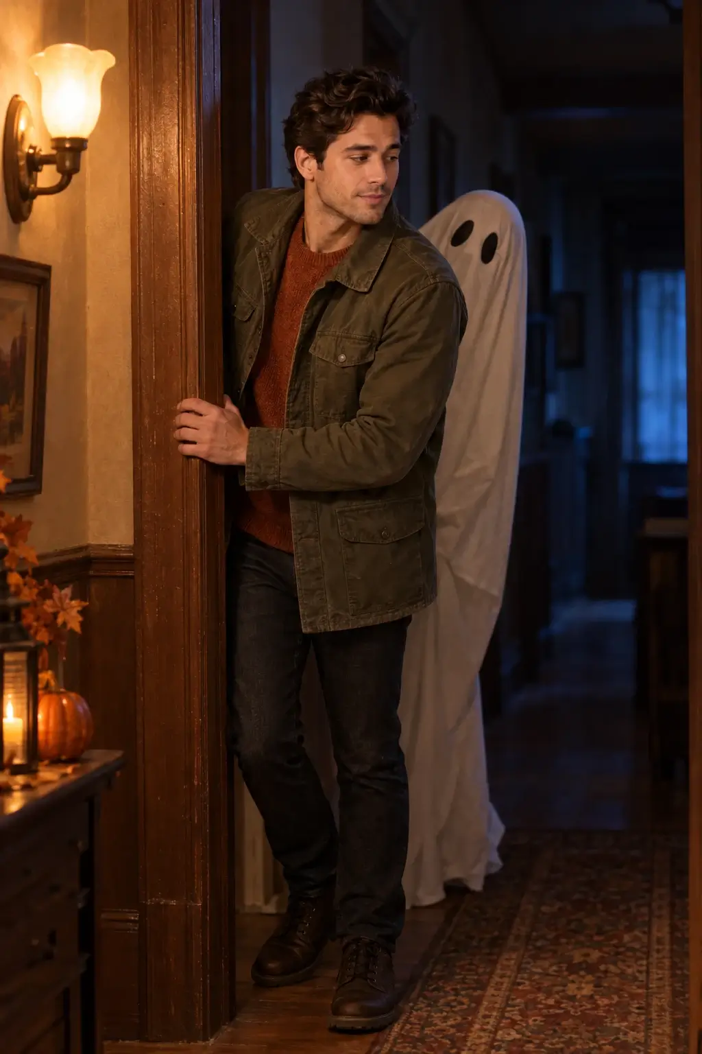 Actual GPT Image 2 scene edit with a restrained expression: Glance quietly back in an autumn explorer look as a friendly ghost peeks into the hallway