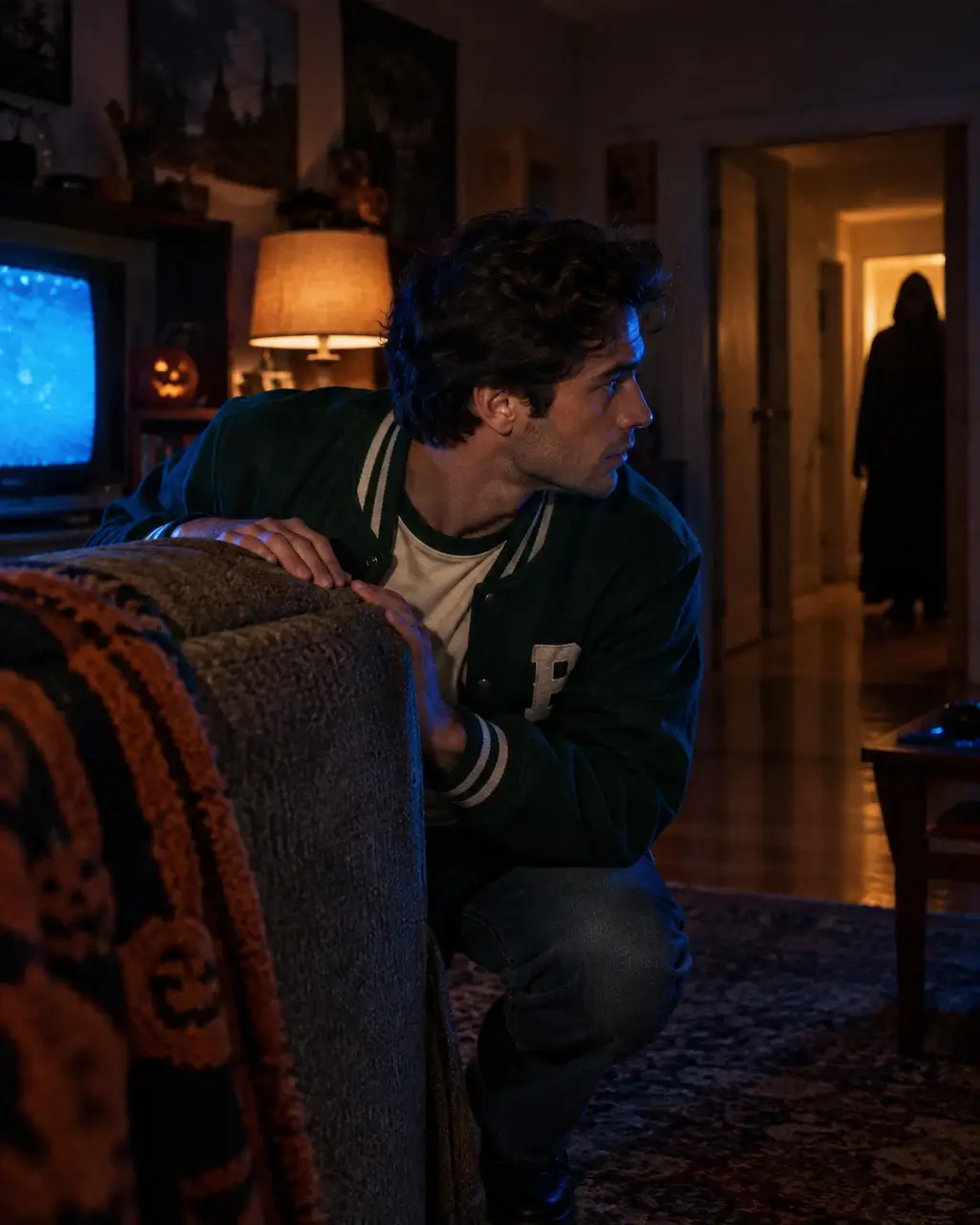 Actual GPT Image 2 scene edit with a restrained expression: Peek cautiously around a sofa in a retro varsity look, lit by a vintage television and lamp