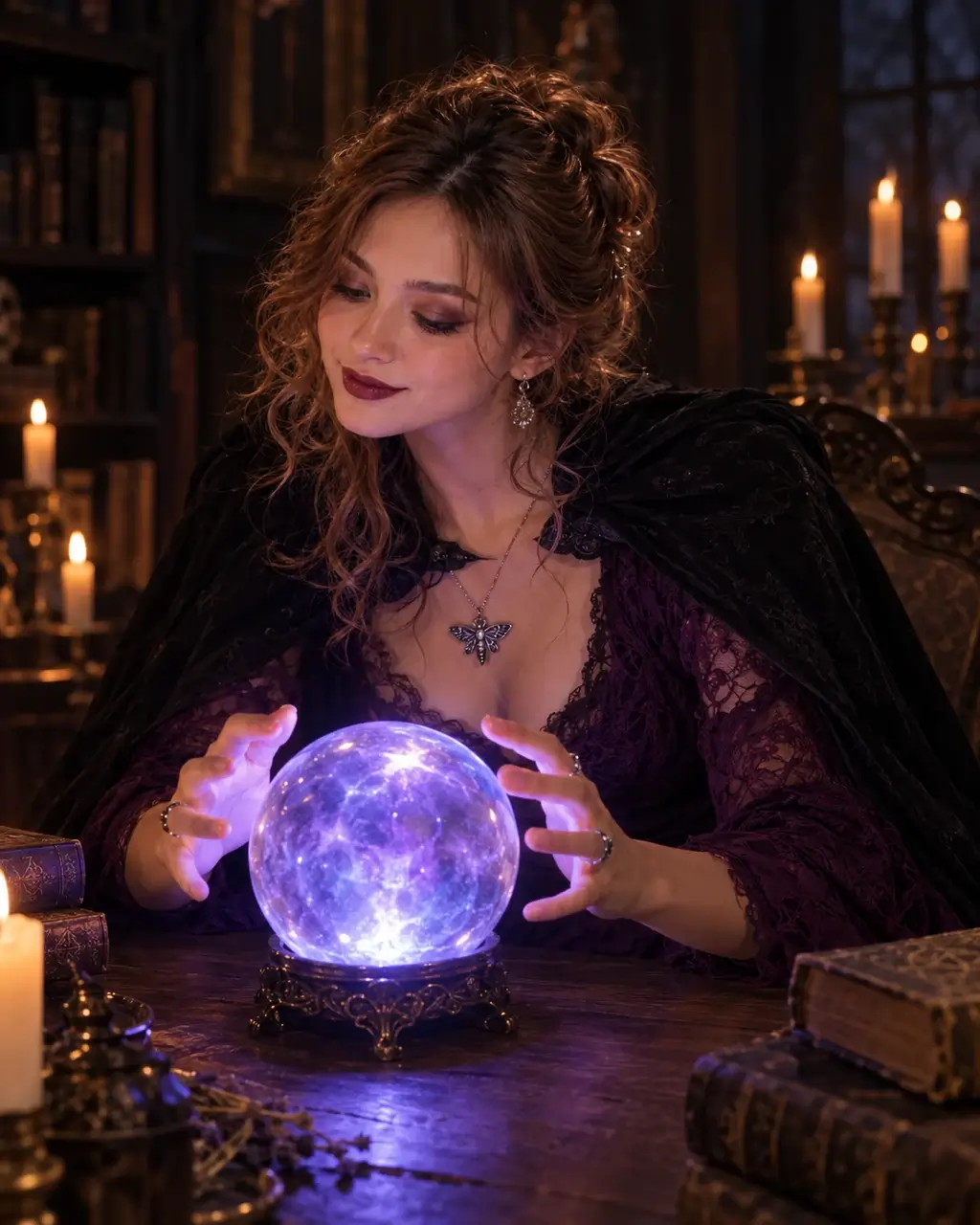 Actual GPT Image 2 outfit and scene edit: Try a plum lace gown and cape while a crystal ball lights your hands and face
