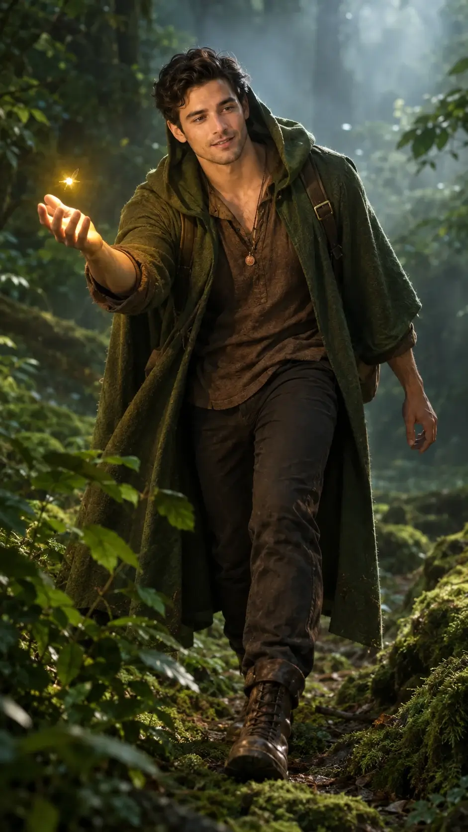 Actual GPT Image 2 outfit and scene edit: Reach for a glowing firefly in a moss-green cloak and woodland travel outfit