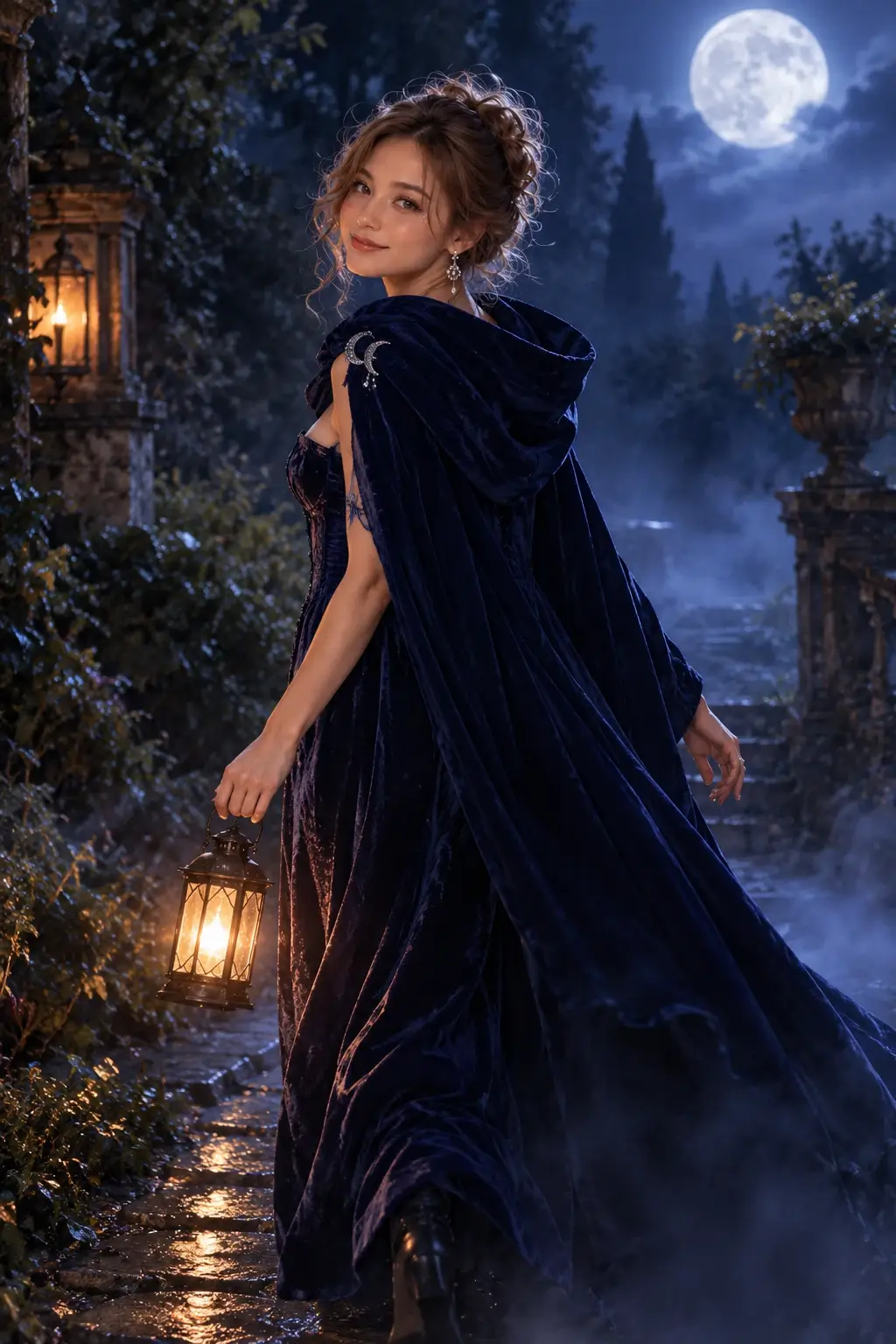 Actual GPT Image 2 outfit and scene edit: Carry a lantern in a midnight-blue gown and cape, glancing back through moonlit mist