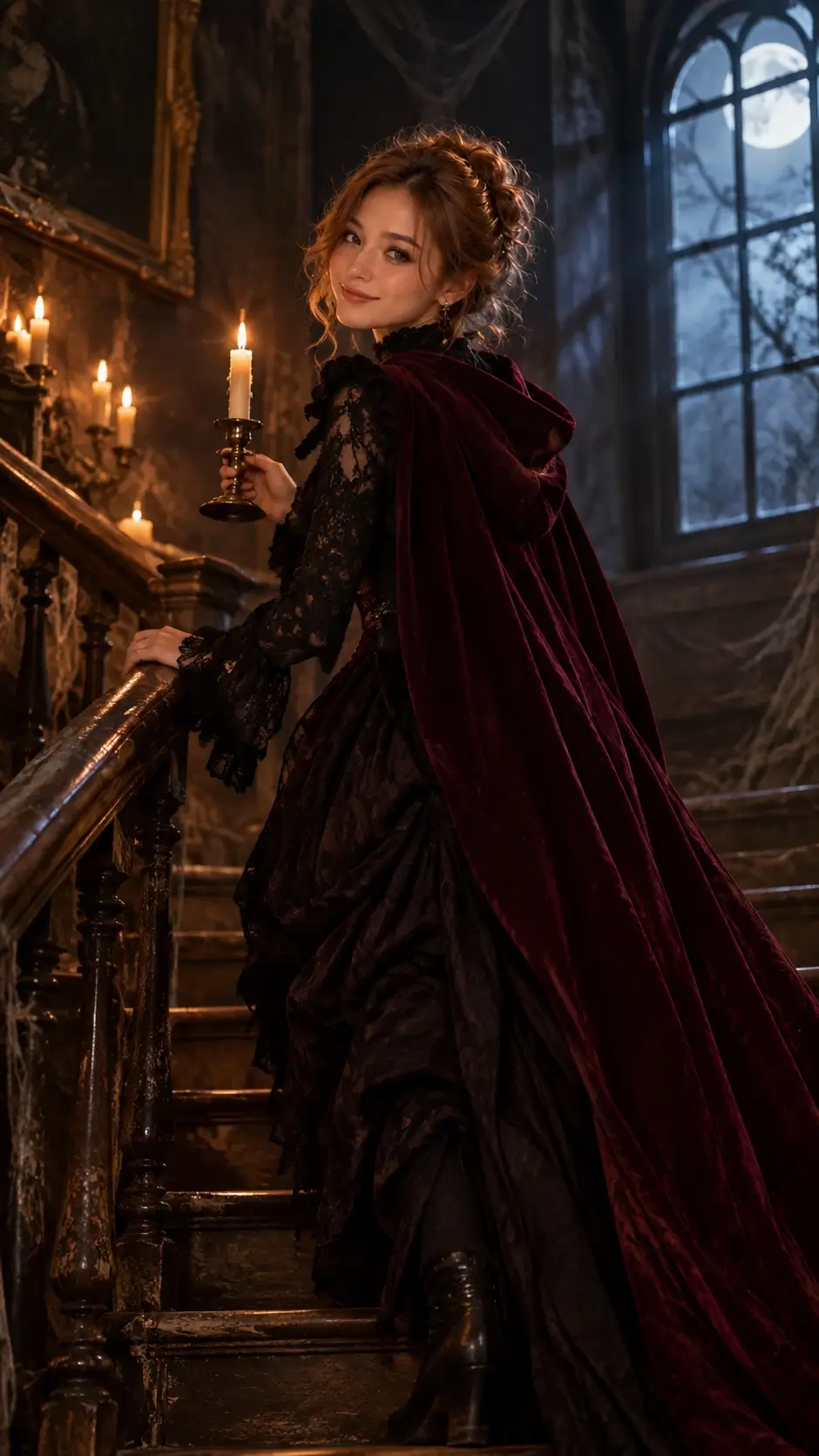 Actual GPT Image 2 outfit and scene edit: Explore a candlelit staircase in a Victorian-inspired black lace look and burgundy cape