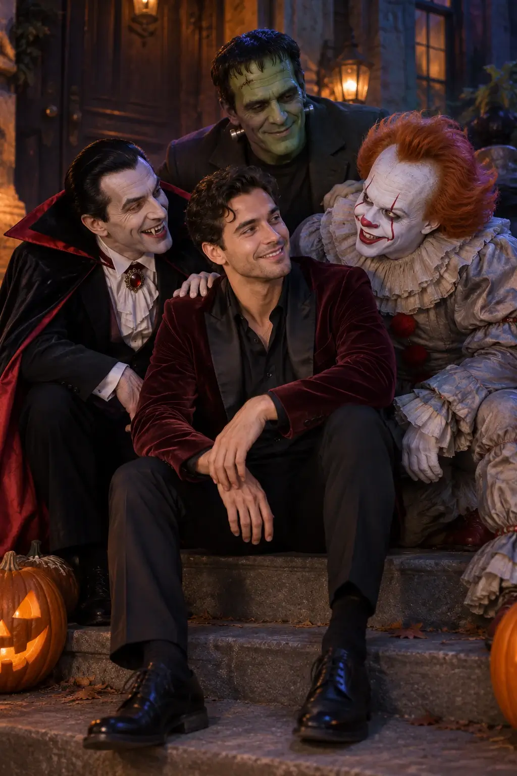 Actual GPT Image 2 outfit and scene edit: Join a relaxed horror cast photo in a burgundy velvet party look
