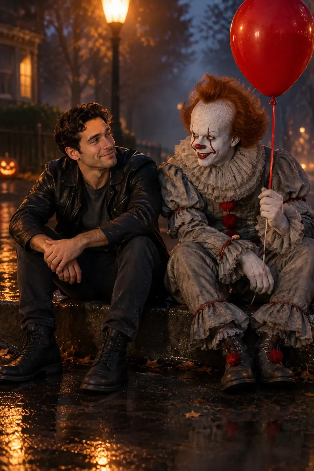 Actual GPT Image 2 outfit and scene edit: Wear a leather jacket and share a rainy curb with Pennywise under warm streetlights