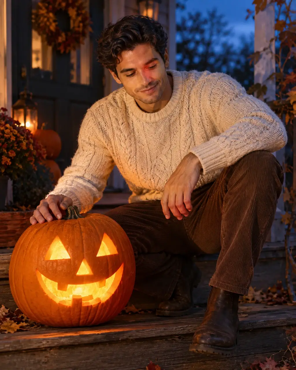 Actual GPT Image 2 outfit and scene edit: Try a cream knit and autumn boots while crouching beside a glowing pumpkin
