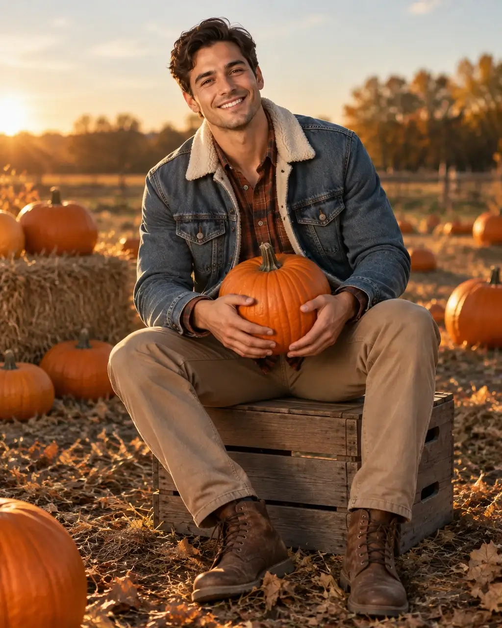 Actual GPT Image 2 outfit and scene edit: Sit with a pumpkin in a warm flannel-and-denim autumn look
