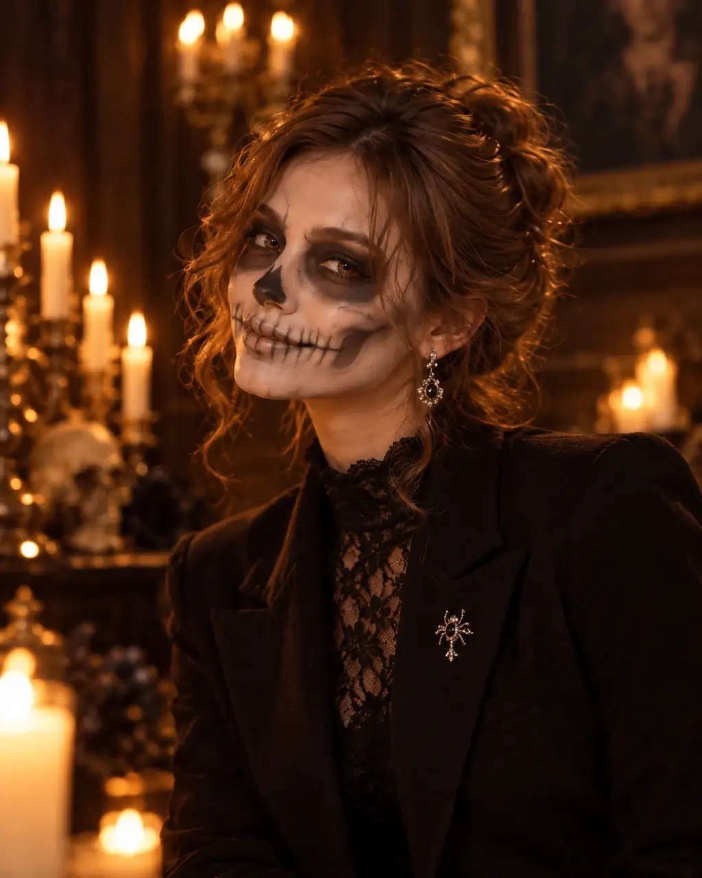 Actual GPT Image 2 outfit and scene edit: Pair theatrical skull makeup with a black blazer and lace for a candlelit portrait