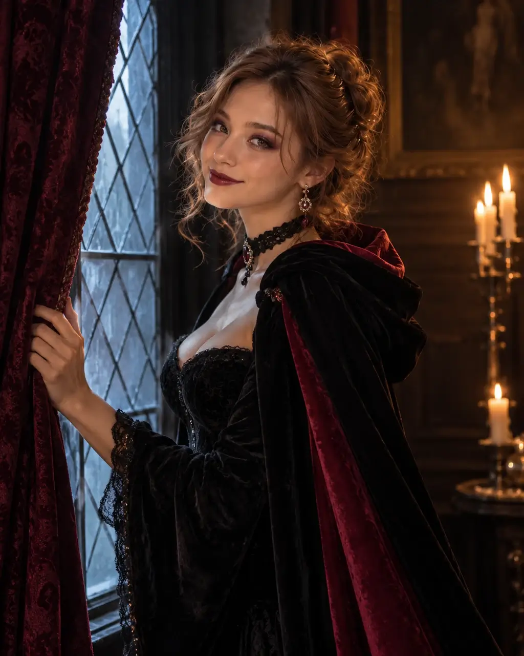 Actual GPT Image 2 outfit and scene edit: Try black velvet, a crimson-lined cape and vampire makeup beside a gothic window