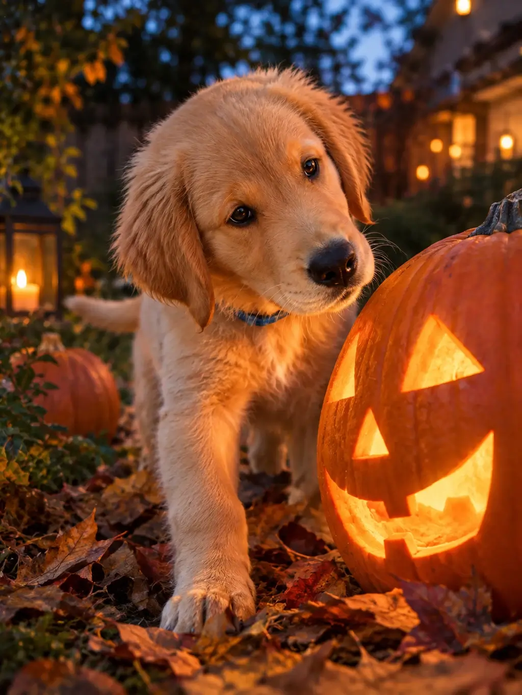 Actual GPT Image 2 scene edit: Let your pet sniff a glowing pumpkin, with curious eyes and natural paws on autumn leaves
