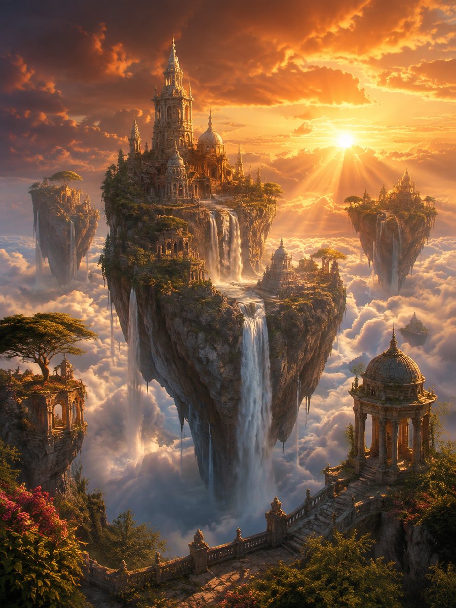 AI generated fantasy floating islands landscape at sunset